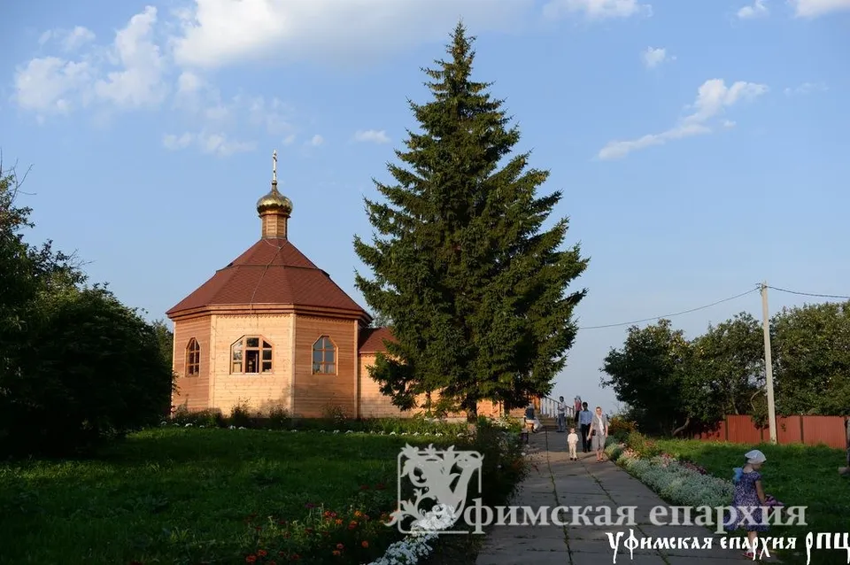 Верующие идут по дорожке к деревянному храму мимо высокой ели, вечернее солнце